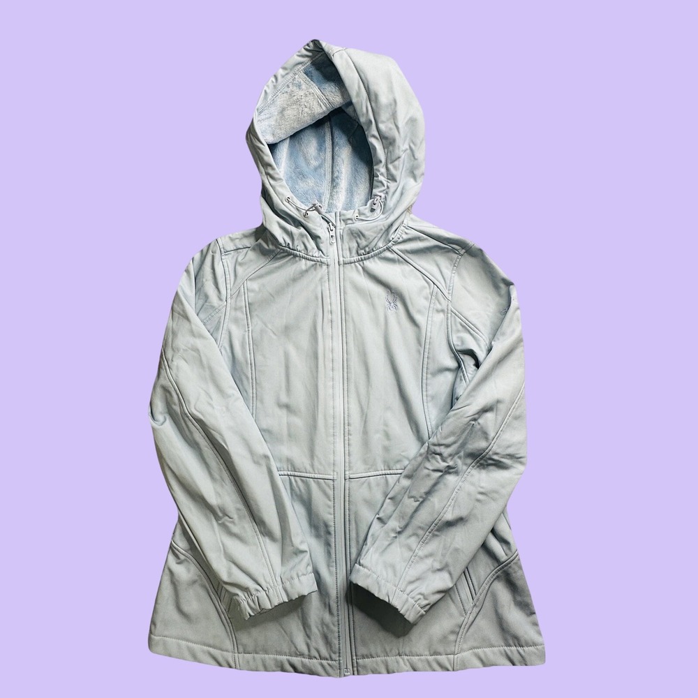 Spyder Jacket Womens Large Light Blue Full Zip Hooded Softshell Faux Fur Lined